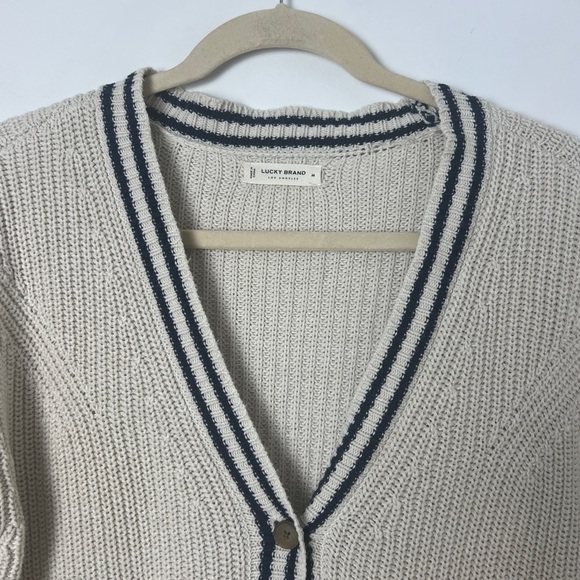 Lucky Brand Women's Medium Straw Heather Textured Stripe Varsity Sweater Relaxed - Picture 4 of 14